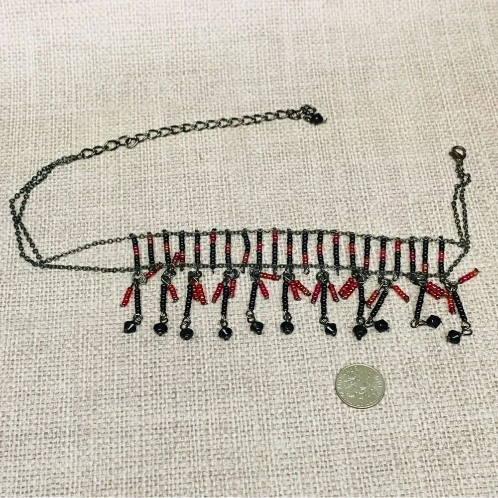 Gunmetal Black Red Beaded Dangle Choker Necklace